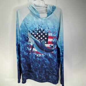 Kobalt 1 Men's Long Sleeve Blue American Flag Sailfish Fishing Tee Hoodie XL